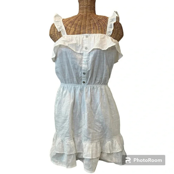 Lightweight Cotton Ivory Ruffle Square Neck Sleeveless Mini Dress Size Large - Picture 1 of 9